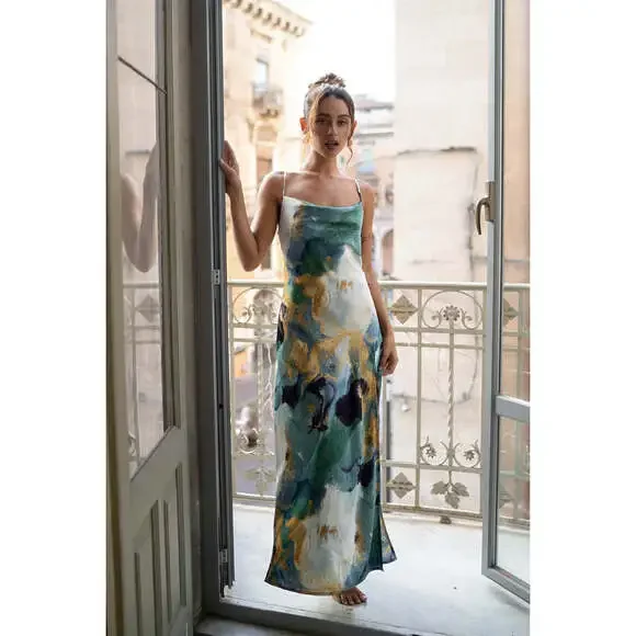 12th Tribe Natalia Blue and Gold Watercolor Maxi Dress Size MM - Picture 3 of 5